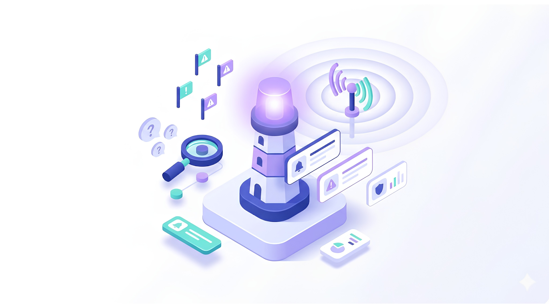 Raise Risks Early—Even When You’re Not Sure Futuristic isometric server with glowing purple beacon, floating UI panels, and small data icons on a white background