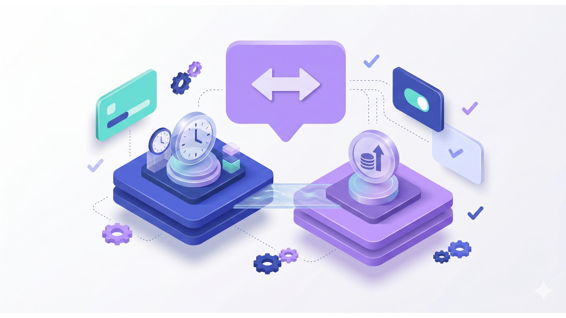 Say the Trade-offs Out Loud Isometric exchange illustration with two glowing platforms, arrows, gears, and floating app icons in purple and teal