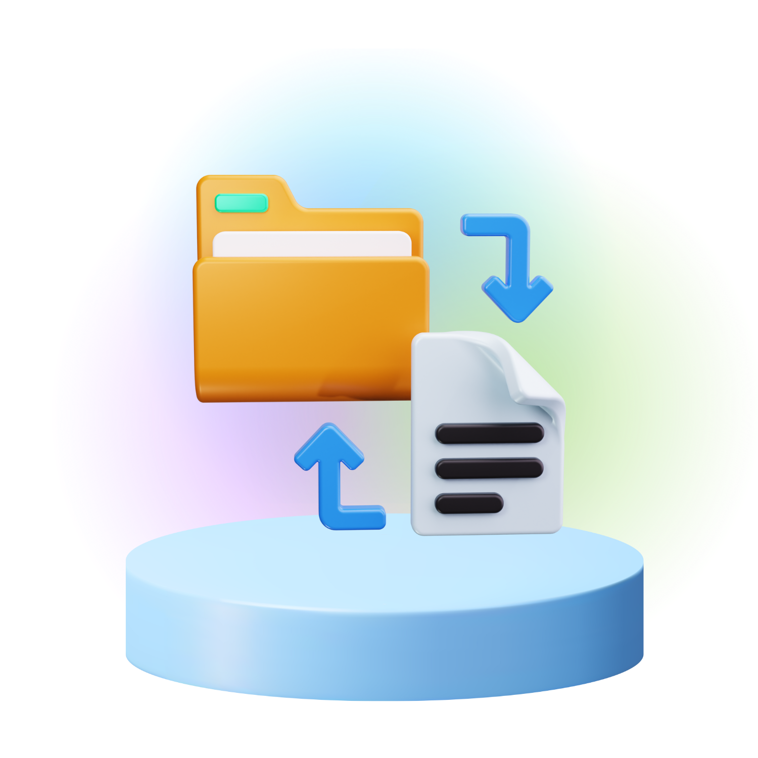 Orange folder and document exchanging files with blue arrows on a blue pedestal.