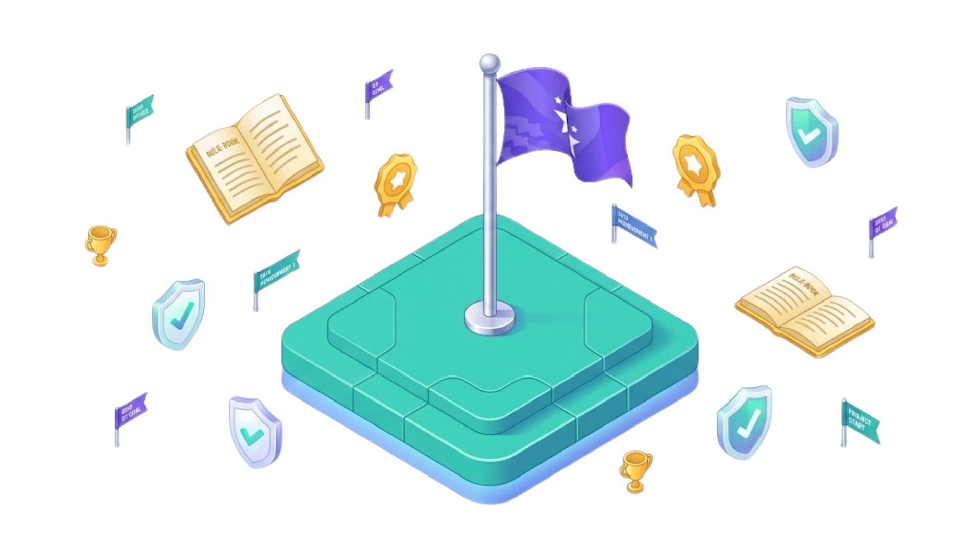 Four Questions to Ask Before You Start Purple flag on a teal platform with floating certificates, shields, and keys