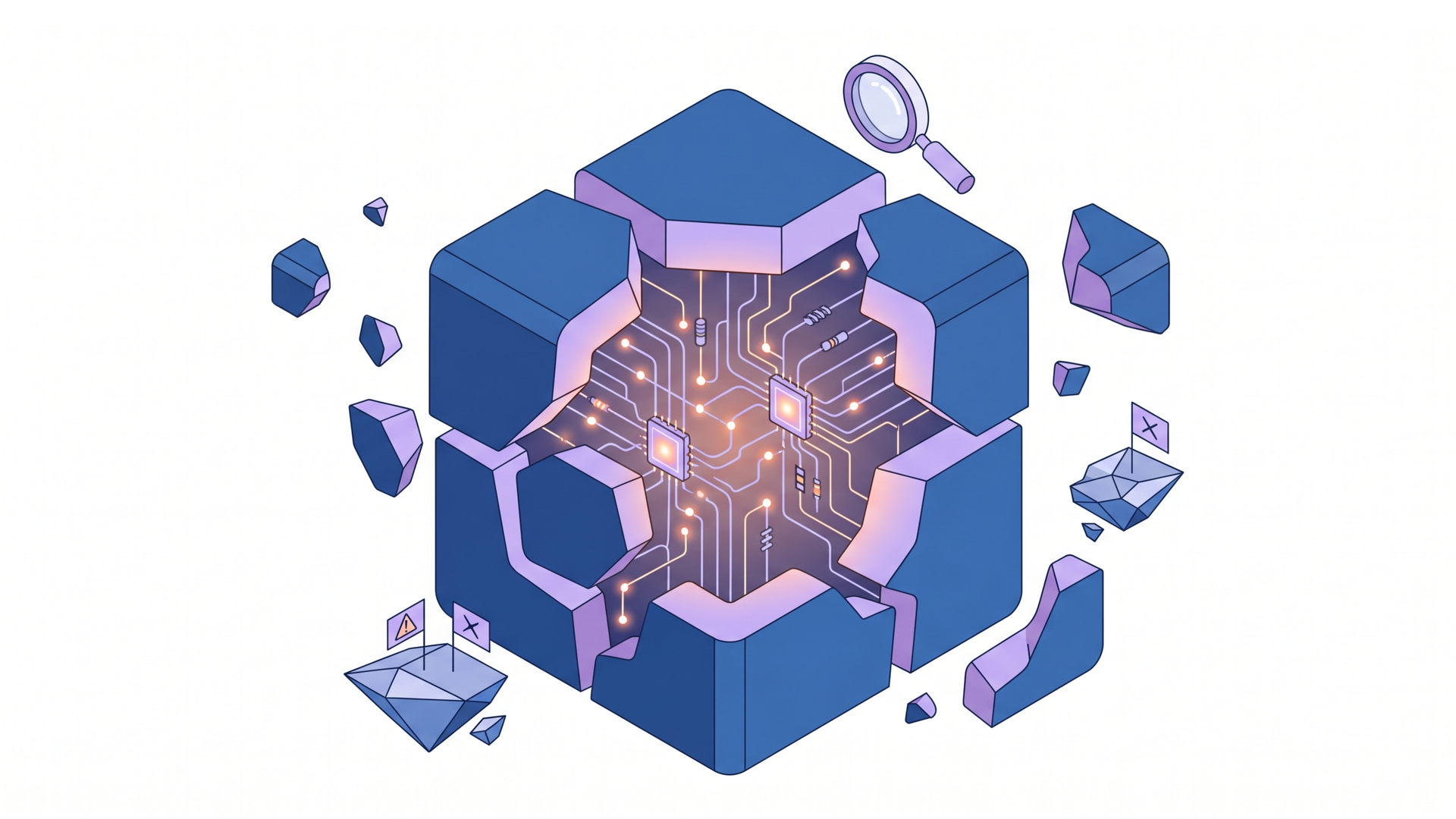 Split-view isometric illustration showing contrasting data systems: left in orange with pipes, right in blue with databases.