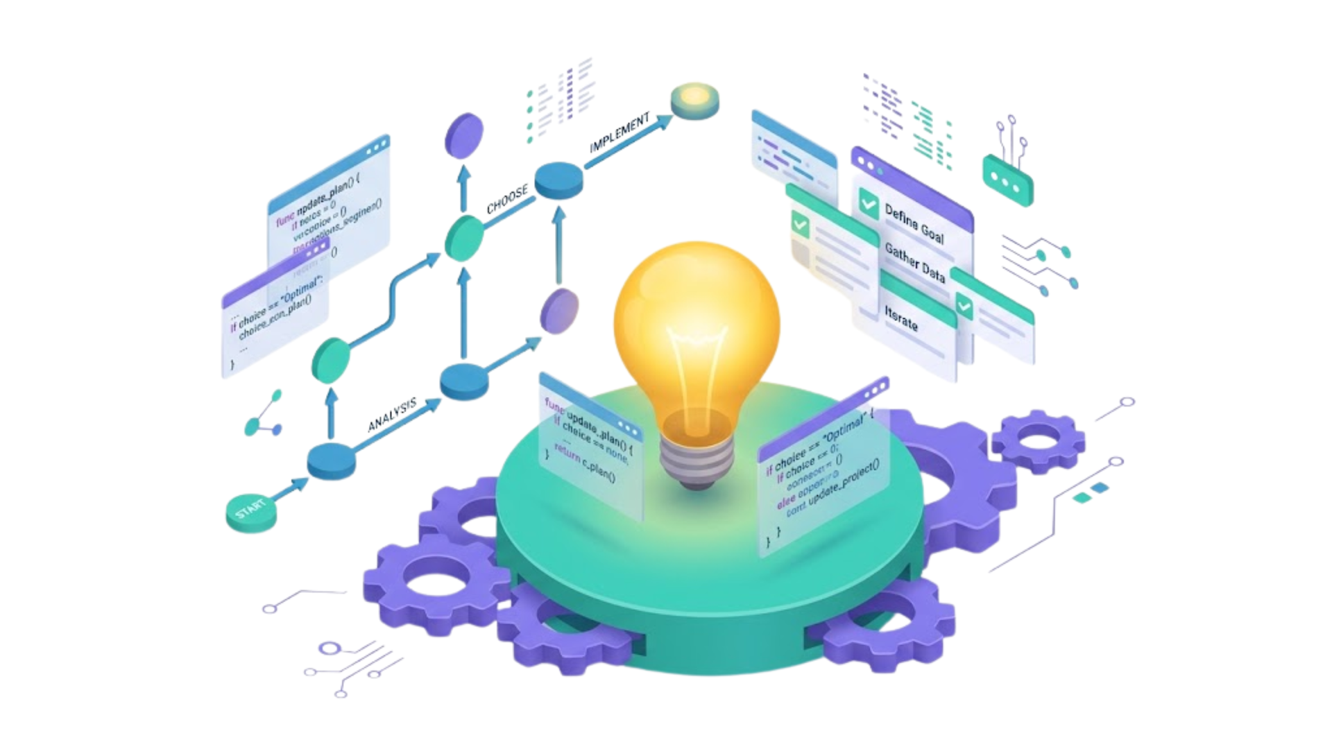 Four Questions to Ask Before You Start Glowing light bulb above teal gears and connected workflow icons, symbolizing innovation and automation