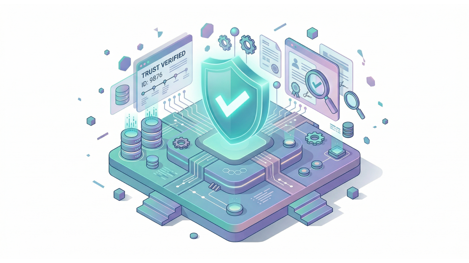 Isometric illustration of a glowing shield icon on a digital platform with data panels, symbolizing cybersecurity.