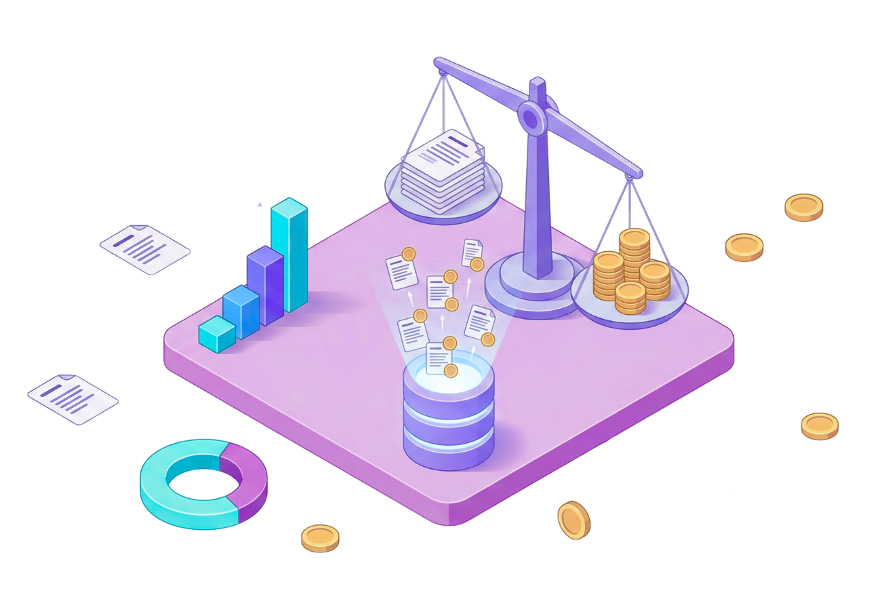 A scale balancing documents against coins, with a bar chart, pie chart, and data storage unit on a purple platform.
