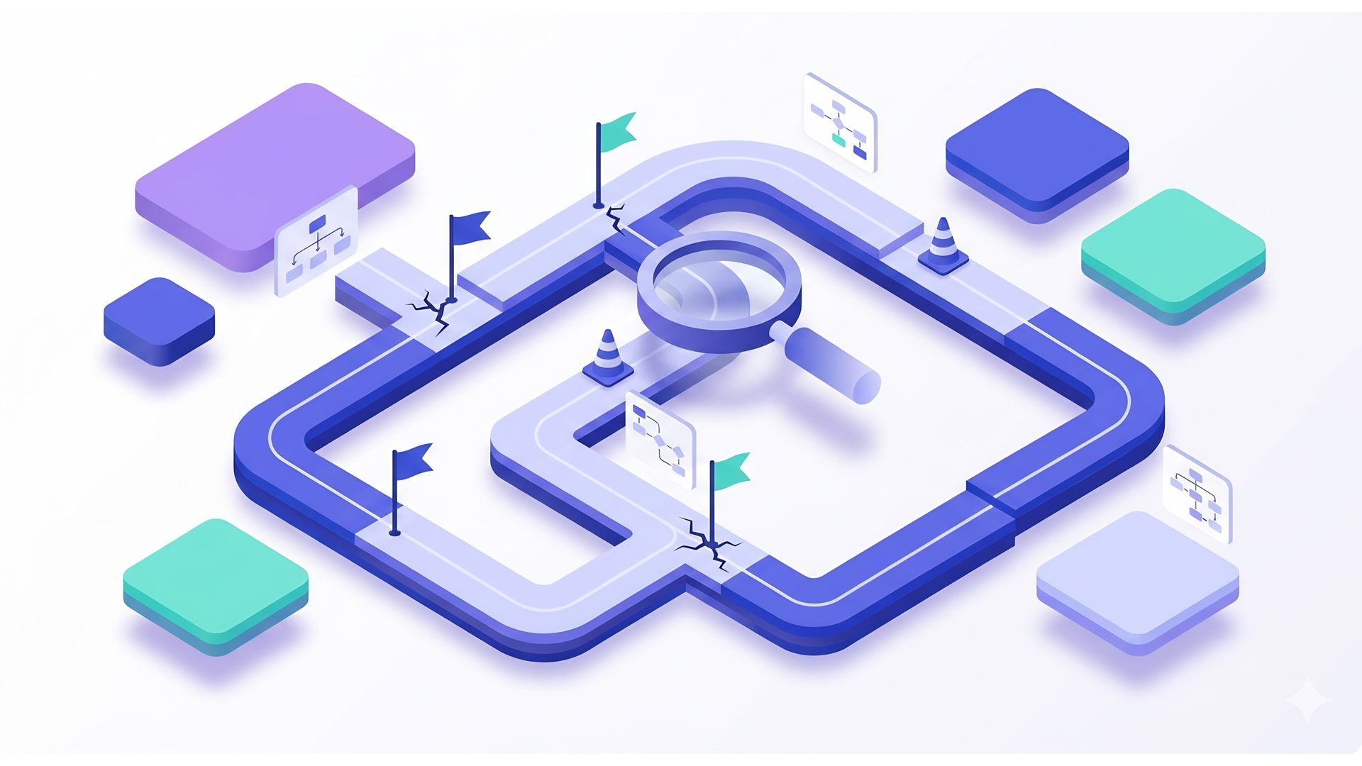 Isometric blue maze with a magnifying glass, flags, and small cards on a white background