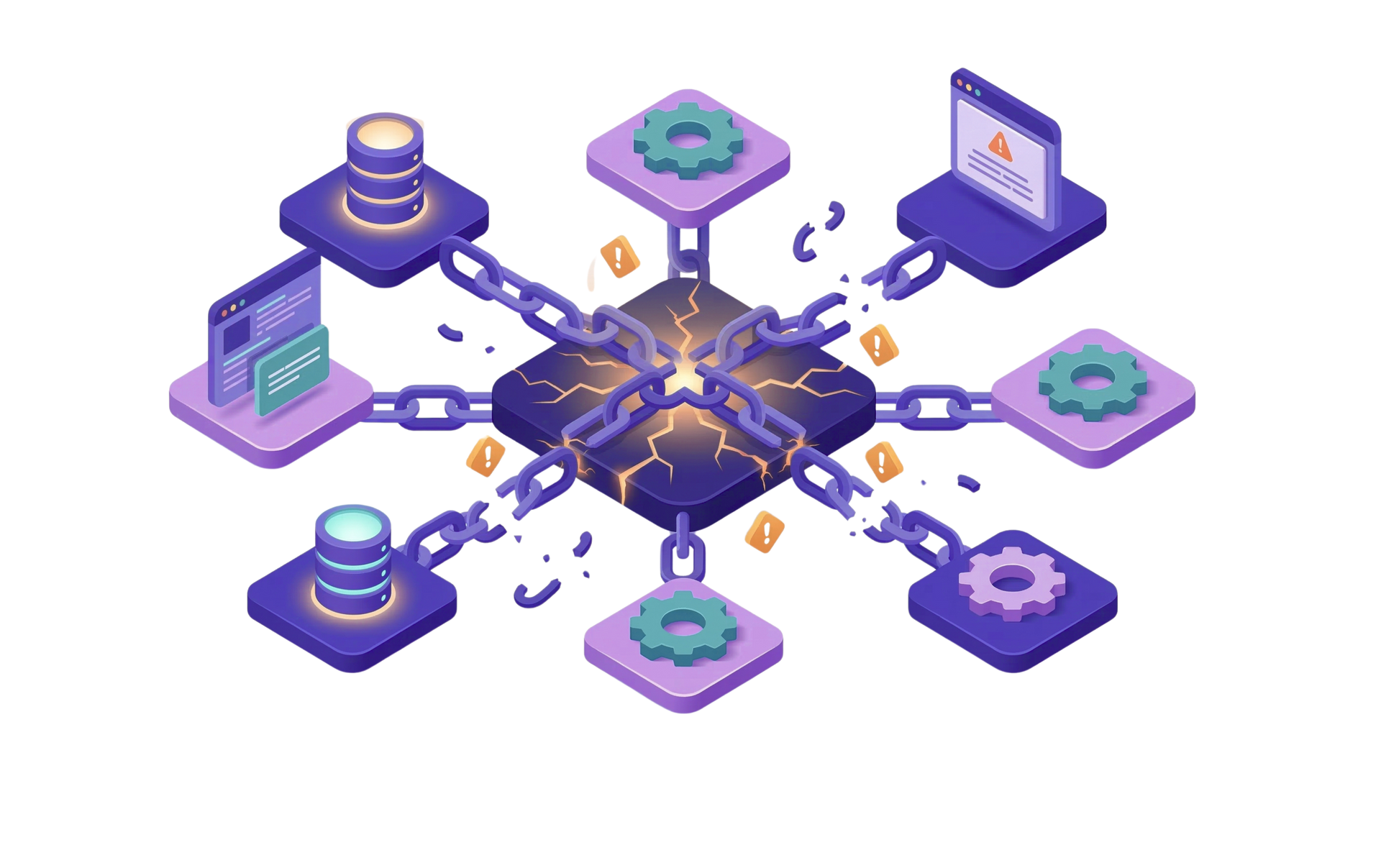 Isometric graphic showing digital icons connected by chains to a central, cracking platform, representing system failure.
