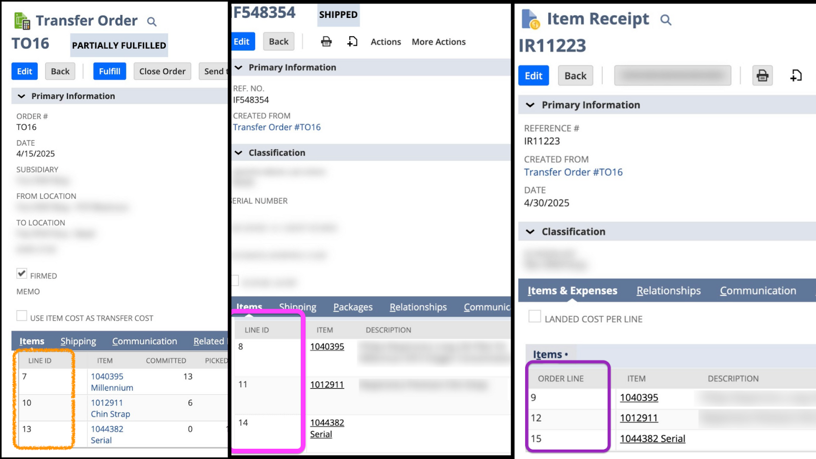 Screenshots of three financial transaction forms: Transfer Order, Serial, and Item Receipt, with highlighted sections.