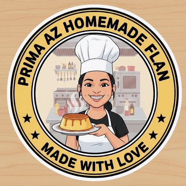 Prima AZ Homemade Flan logo: Pebbles in a chef hat holding a flan, Made with Love