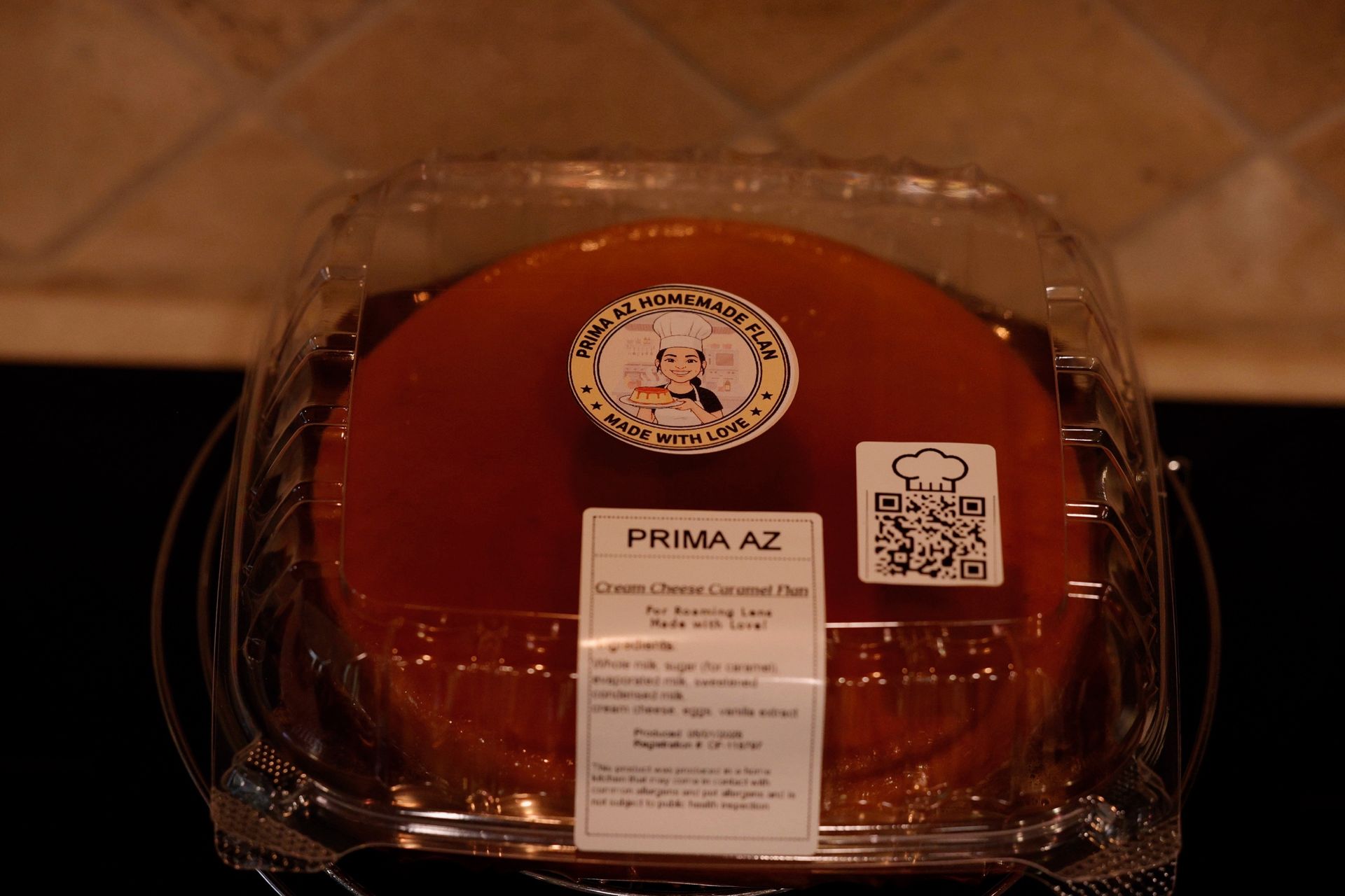 Prima AZ whole cream cheese flan in labeled clamshell with QR code, Avondale AZ