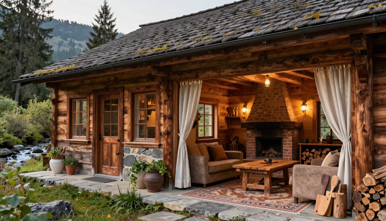 Rustic wooden cabin with an open porch, warm interior lights, curtains, potted plants, and stacked firewood.