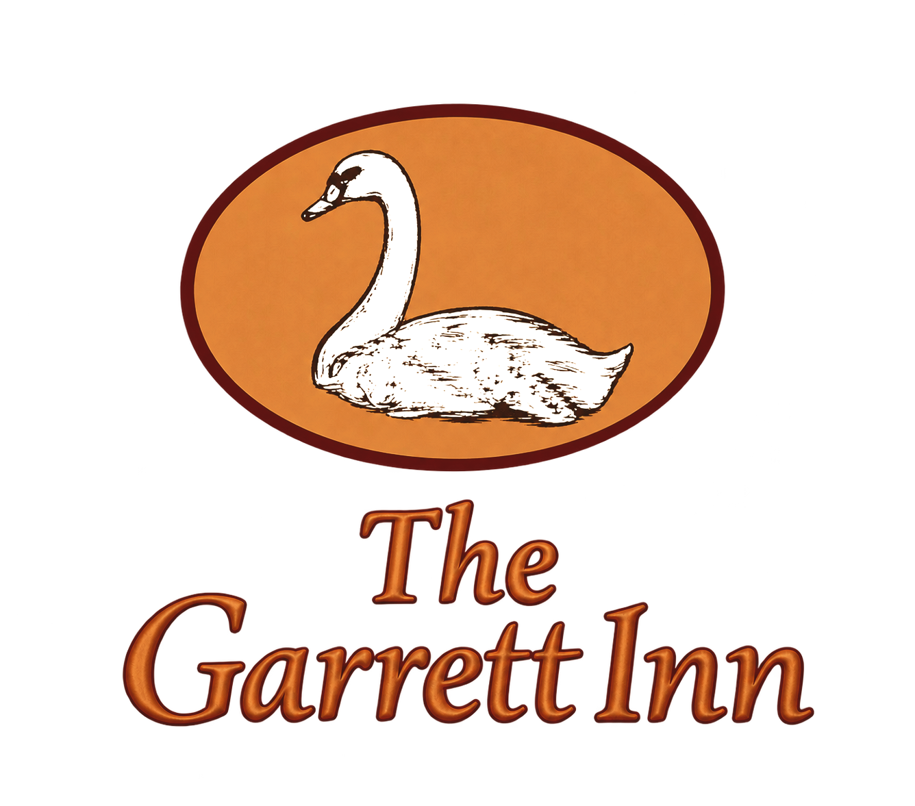 Logo for The Garrett Inn with a white swan in an orange oval above the text
