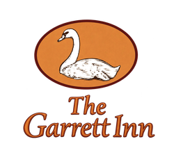 Logo for The Garrett Inn with a white swan in an orange oval above the text