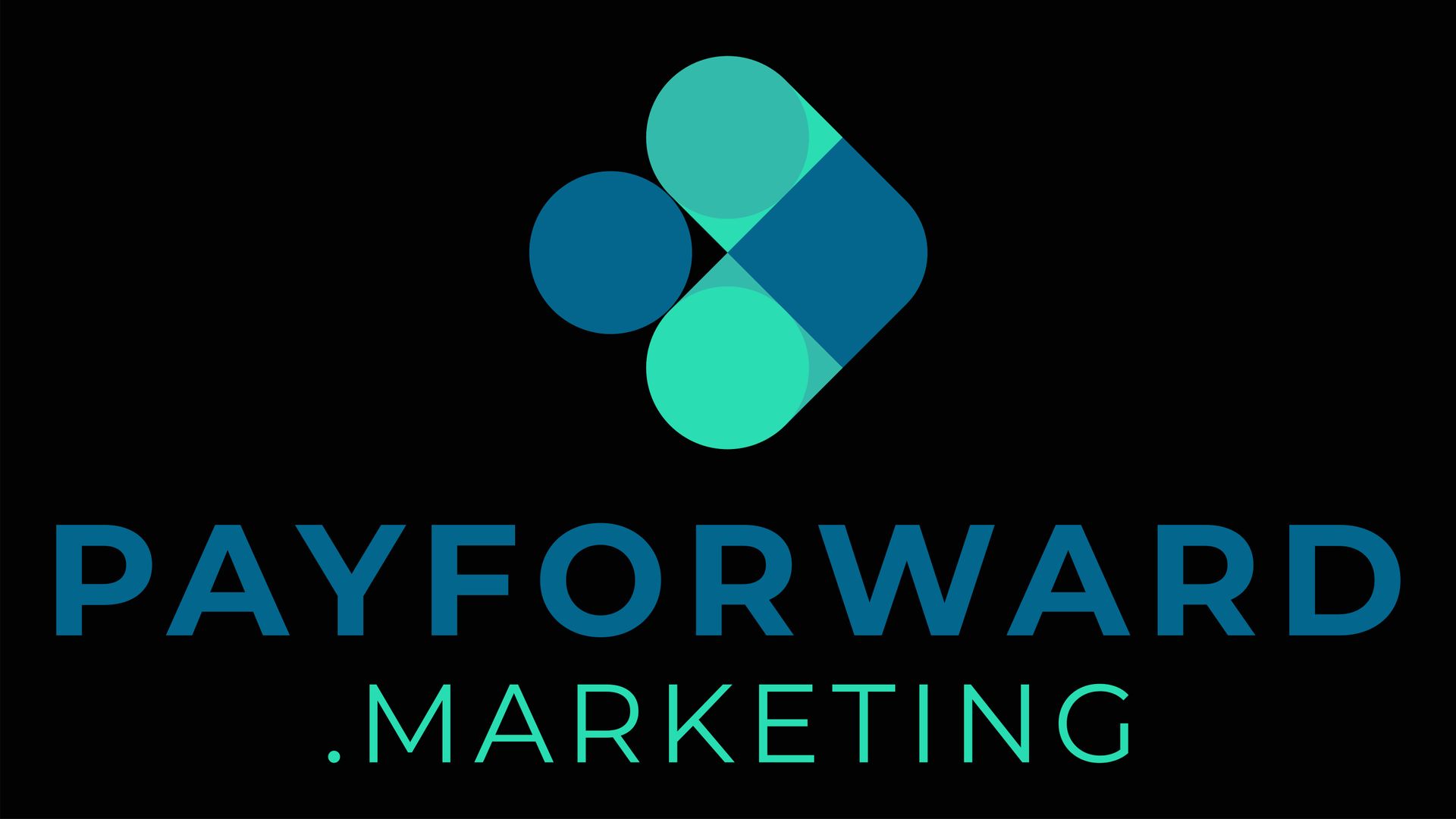 A logo for payforward marketing with a blue arrow on a black background