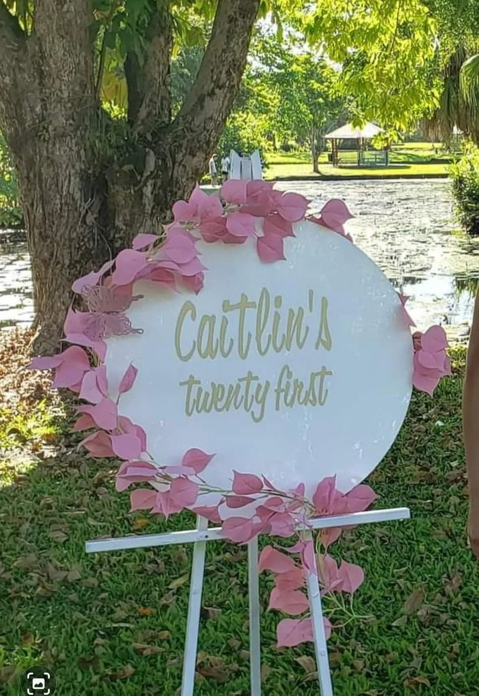 White Sign on an Easel, Caitlin's Twenty First in Gold Script — Creative Events Innisfail in Tully, QLD