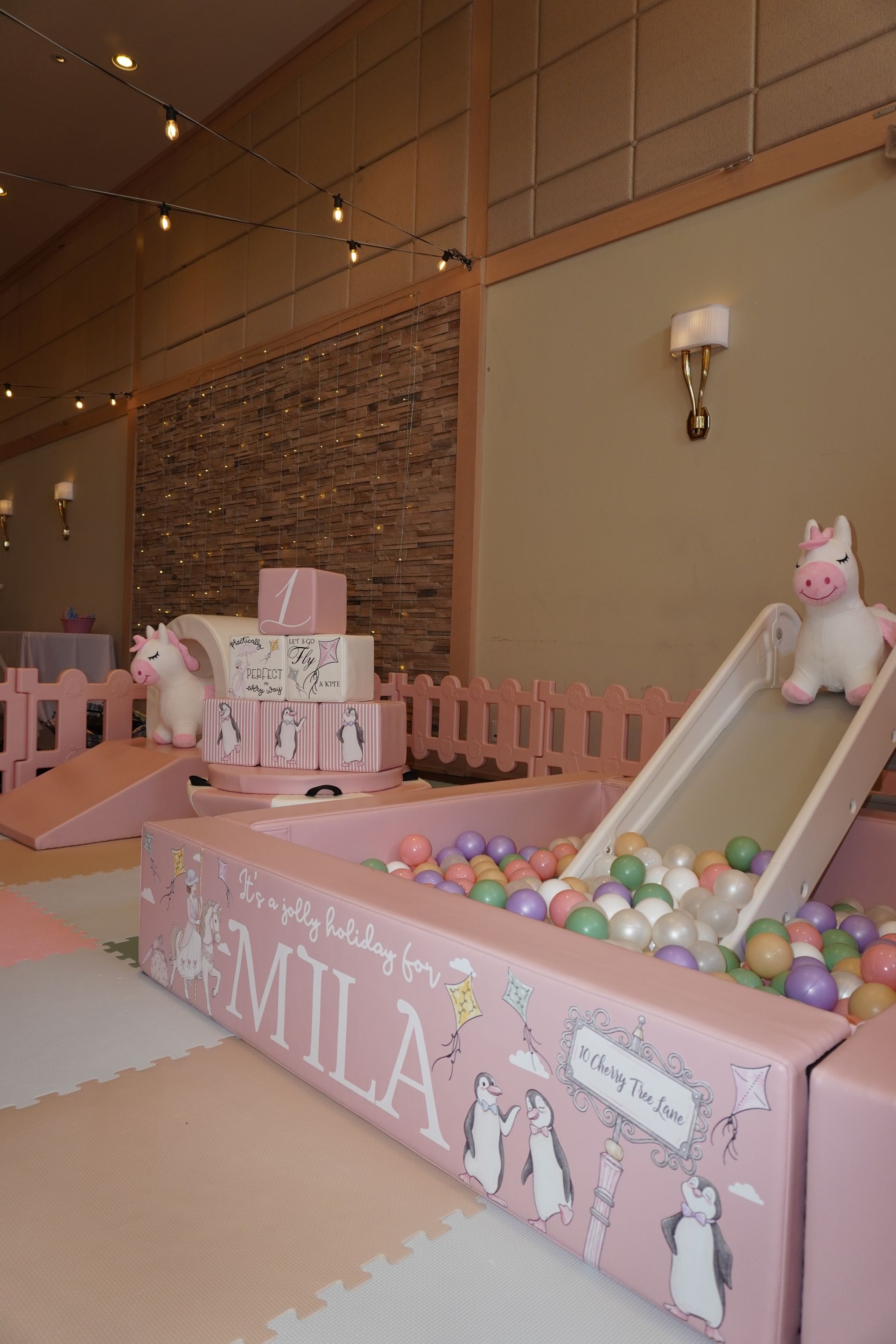 Custom pink soft play setup for little girl birthday party