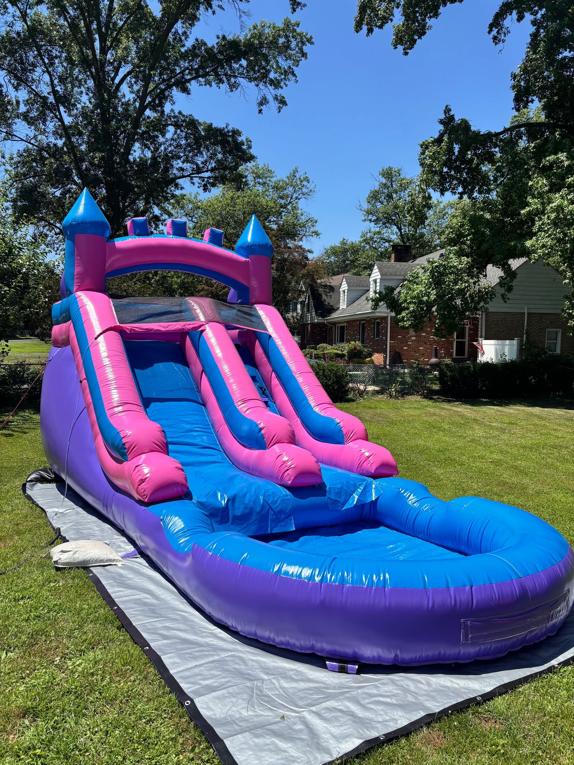Toddler water slide inflatable set up in backyard with young children playing.