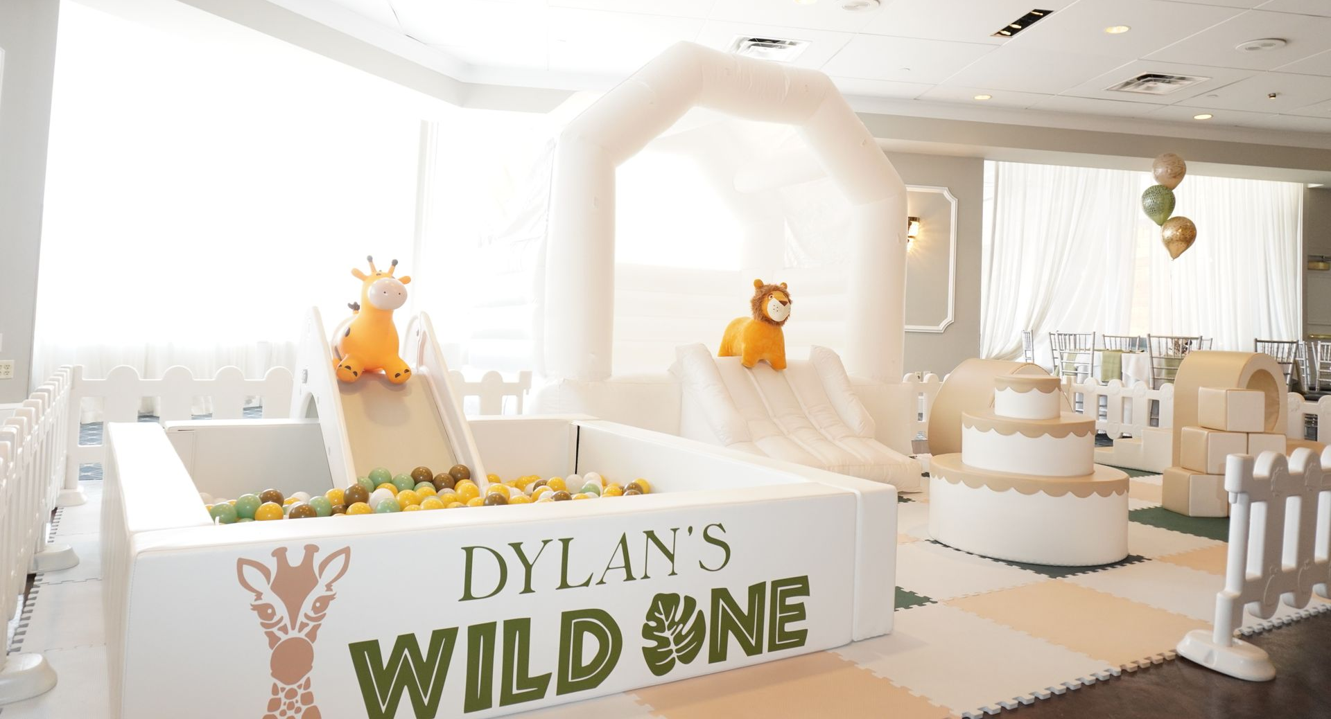 Neutral boho soft play setup for toddler party near Cherry Hill
