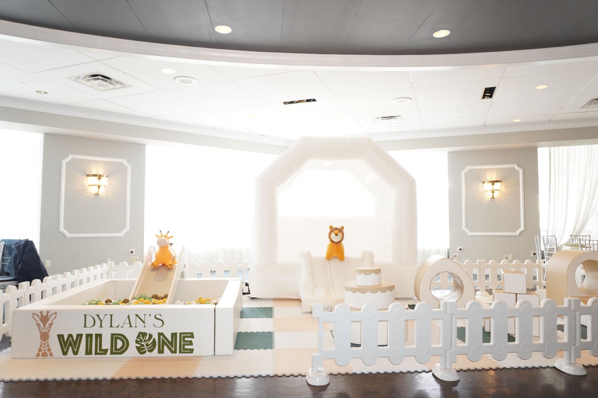 White and tan soft play rental setup for toddler birthday party in Cherry Hill NJ