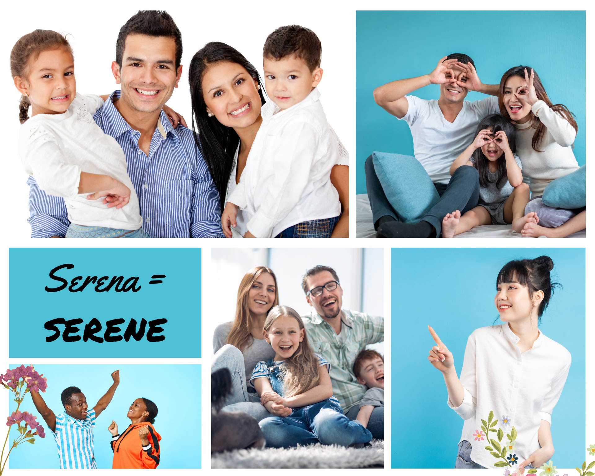 A collage of pictures of a happy family with the words serena woods on the bottom.