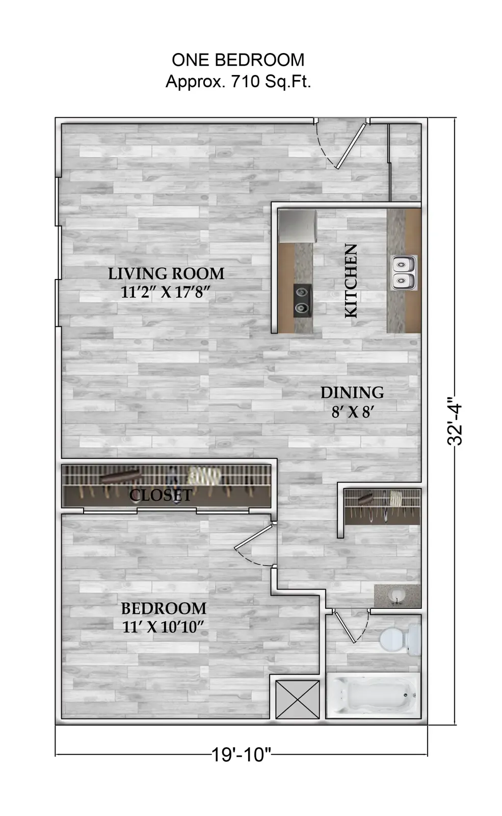 a floor plan of a one bedroom apartment with a living room , dining room , and kitchen for little Armadillo Apartments