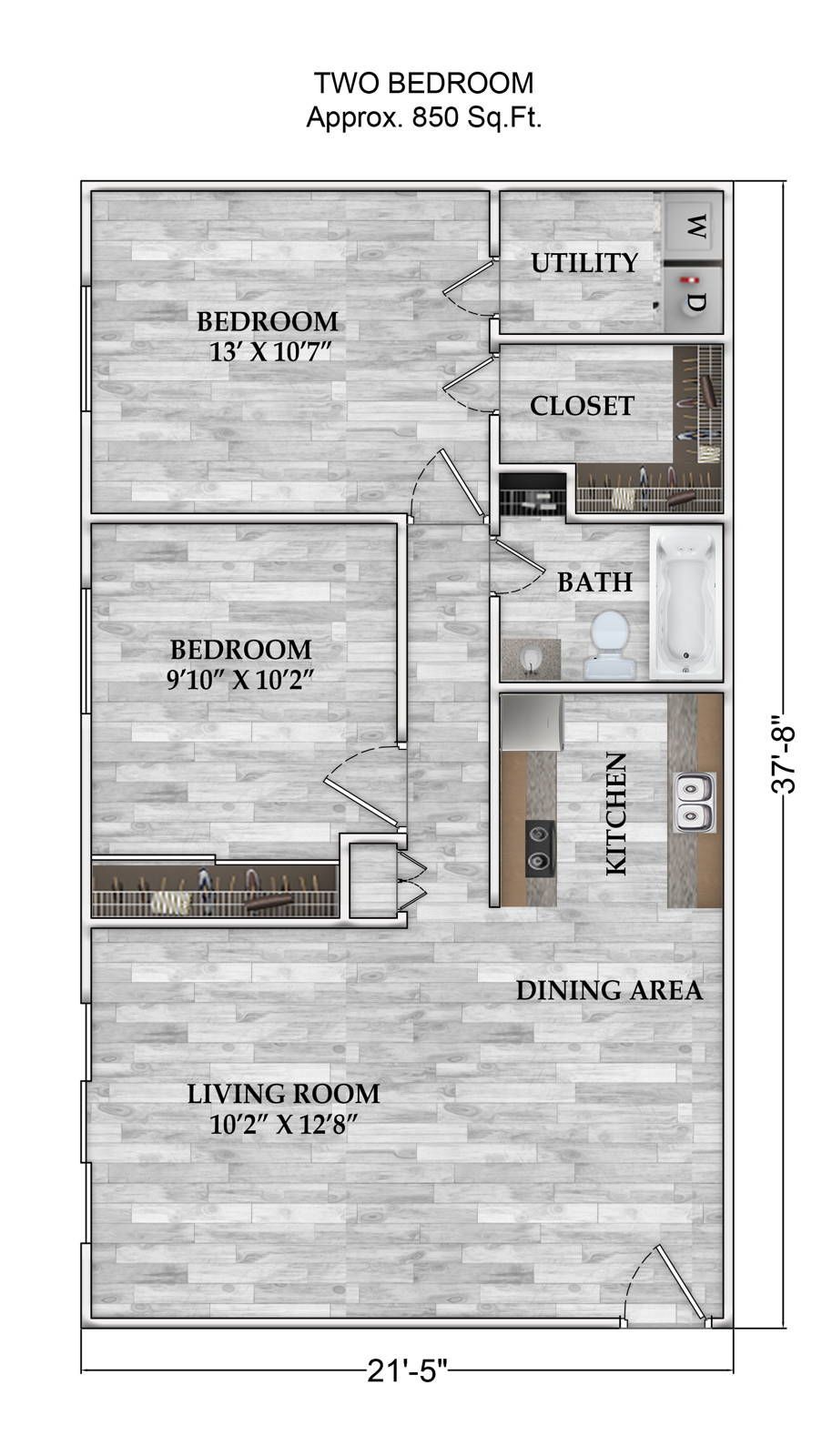 a floor plan of a two bedroom apartment located in Little Armadillo Apartments
