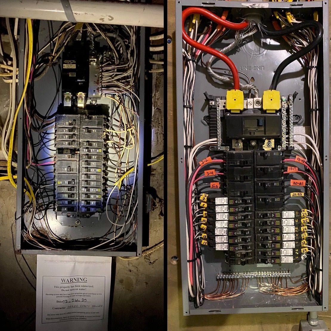 A picture of an electrical panel before and after being repaired