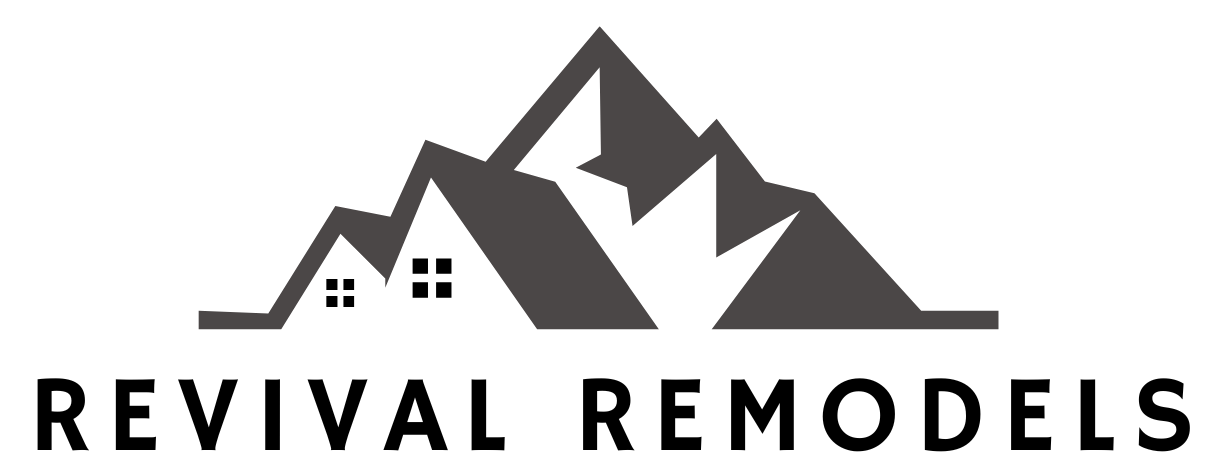 The logo for revival remodels is a mountain with a house on top of it.