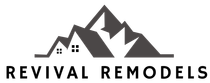 The logo for revival remodels is a mountain with a house on top of it.
