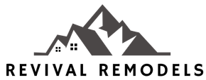 The logo for revival remodels is a mountain with a house on top of it.