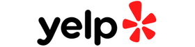A yelp logo with a red flower on a white background.