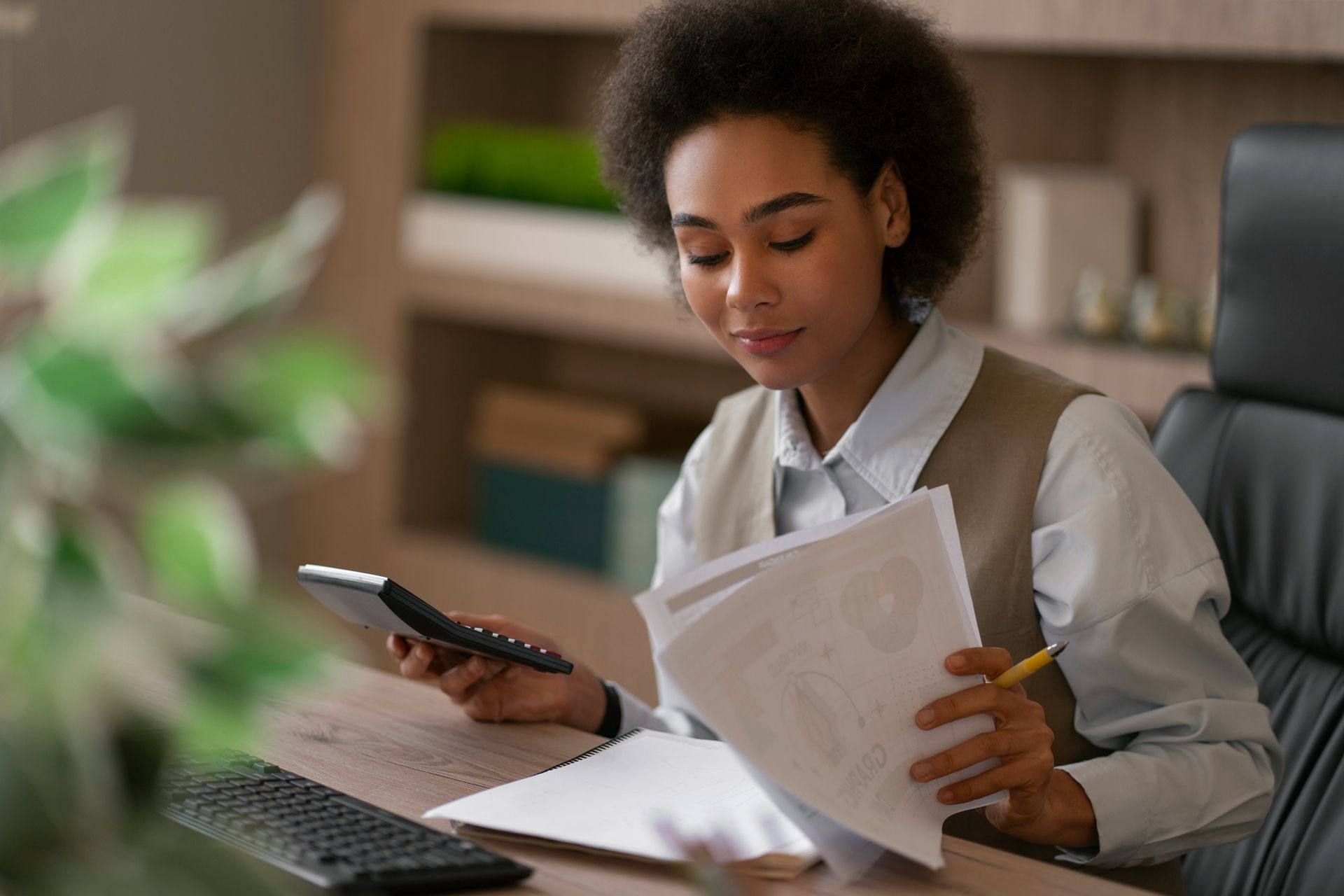 Person at a desk reading papers while holding a smartphone in an office