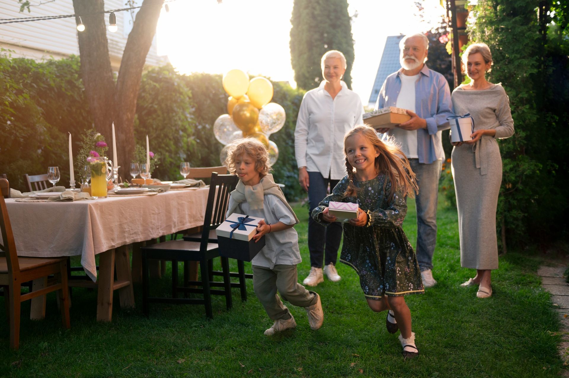 People running and smiling at an outdoor backyard gathering with balloons and a table set for a party