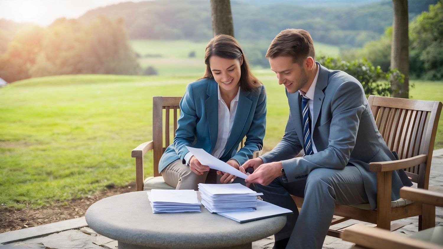 Two professionals reviewing documents outdoors at a table, with a laptop and papers on a sunny lawn.