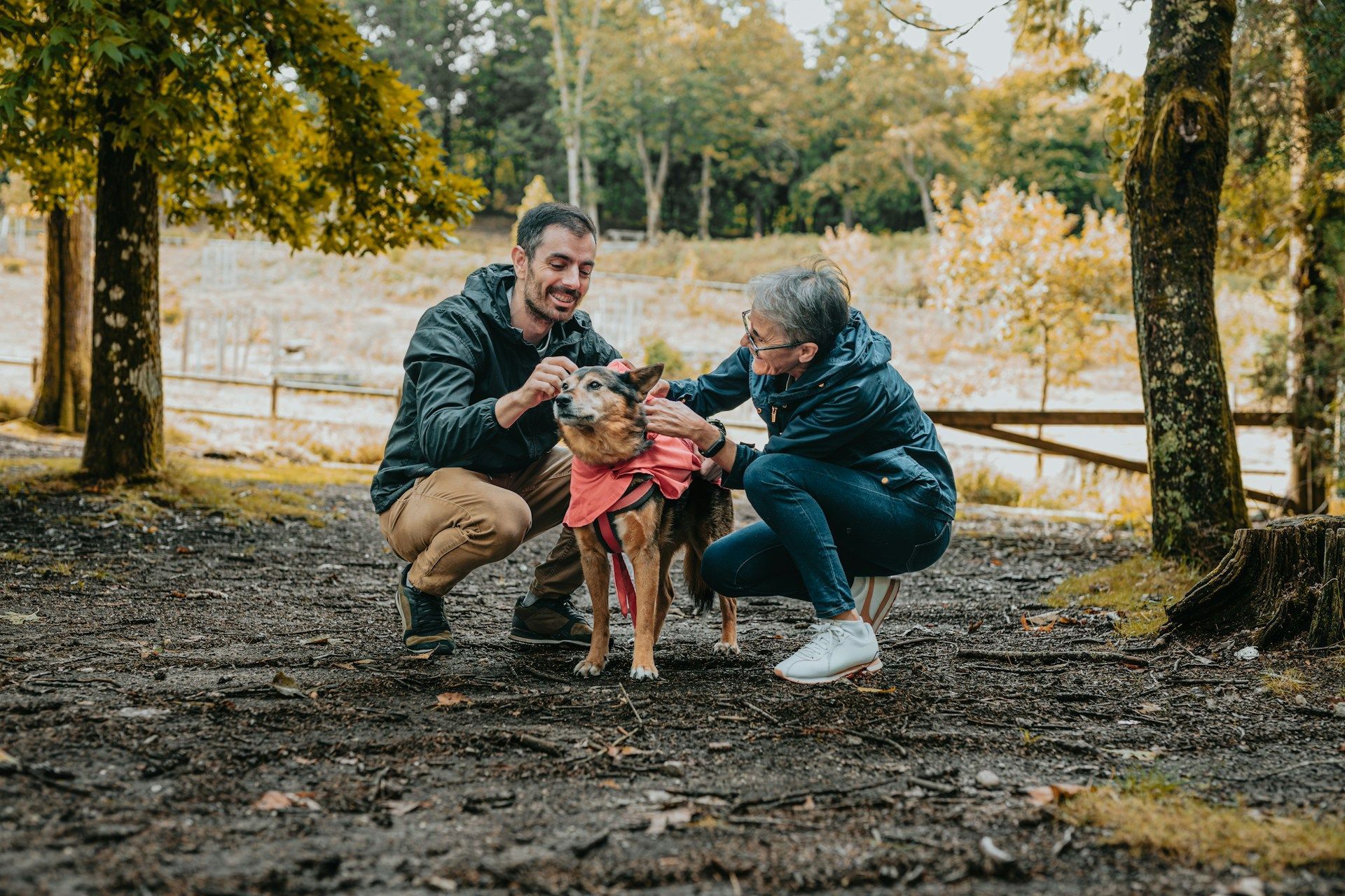 Two adults crouch with a child and dog on a tree-lined path in a park.
