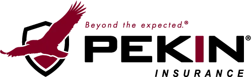 Pekin Insurance logo with maroon eagle and slogan “Beyond the expected.”
