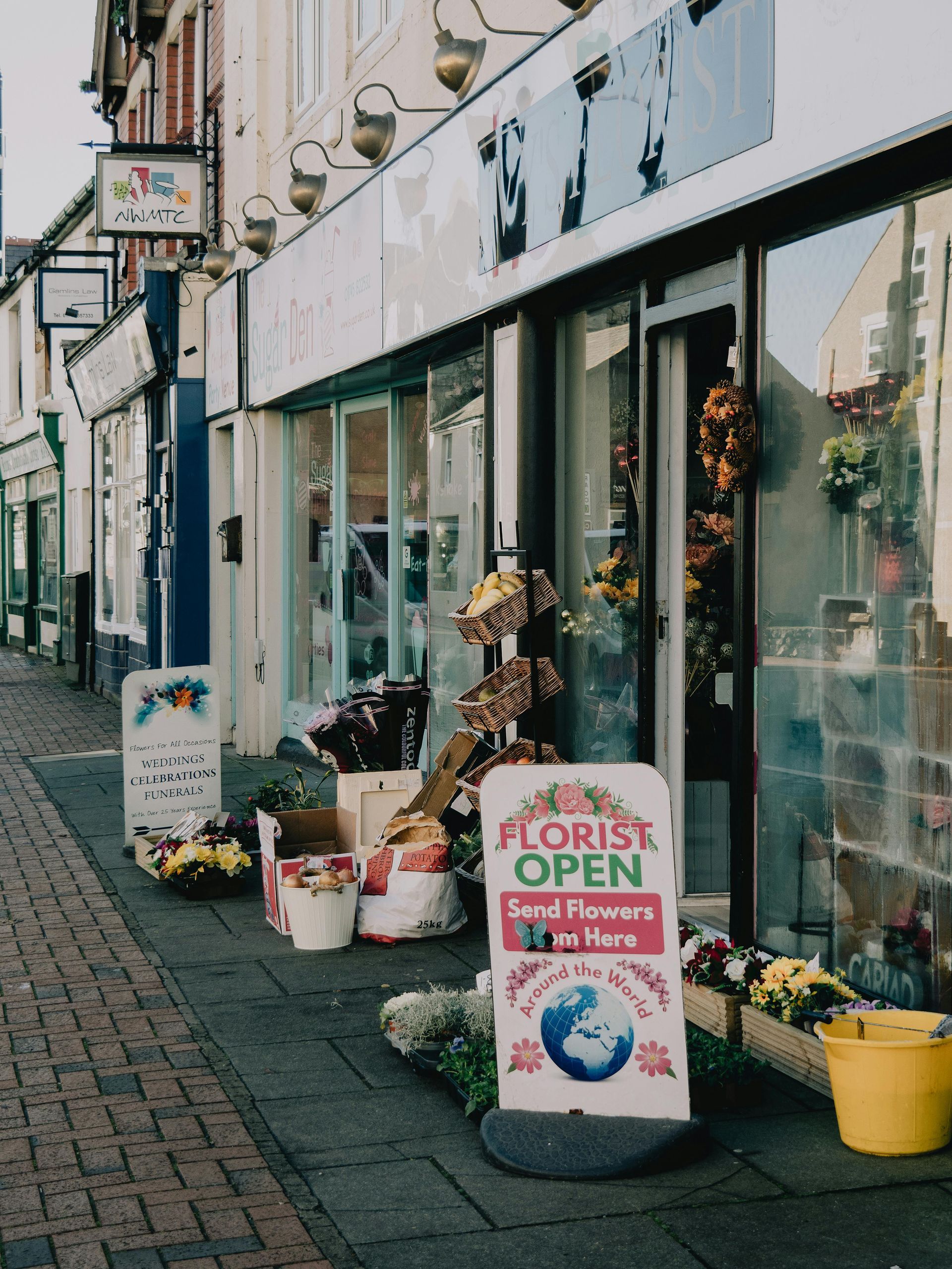 Flower shop storefront on a cobblestone street, with colorful potted plants and a sidewalk sign.