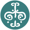Emblema ornamental blanco sobre fondo circular color verde azulado