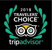 Logotipo del premio Travelers' Choice 2018 de Tripadvisor con una corona de laurel verde y un icono de búho sobre fondo negro.