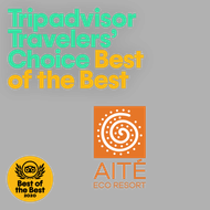 Logotipos de los premios Tripadvisor Travelers' Choice Best of the Best y AITÉ Eco Resort sobre un fondo gris.