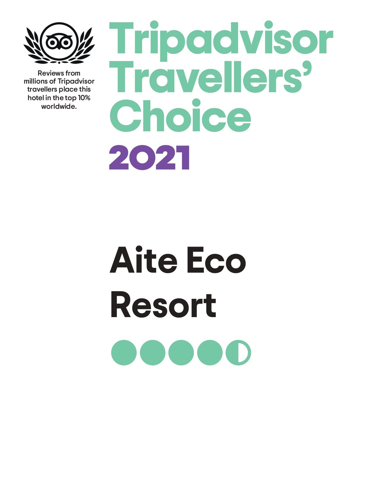 Insignia del premio Travellers' Choice 2021 de Tripadvisor para Aite Eco Resort, con círculos verdes y logotipo.