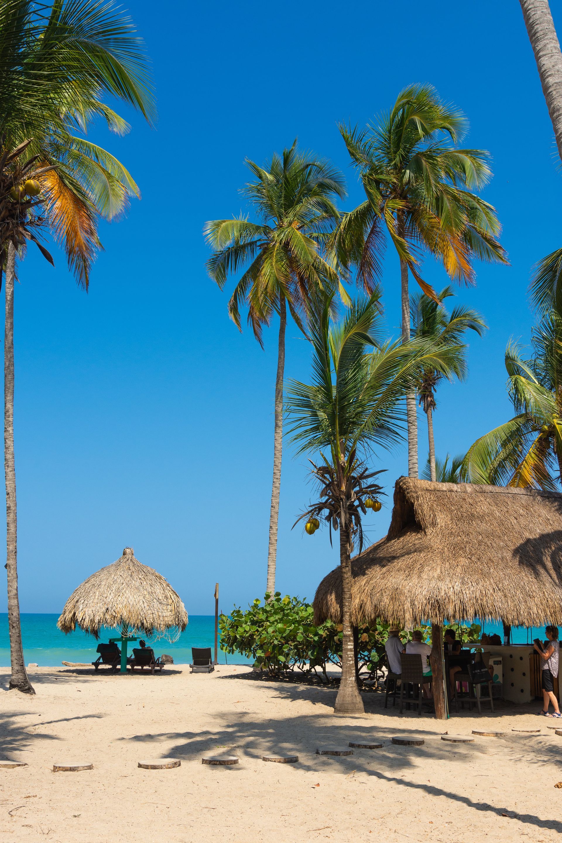 Playa tropical con palmeras, cabañas de paja y aguas turquesas bajo un cielo azul claro.