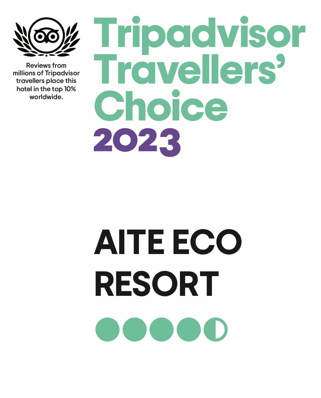 Insignia Travellers' Choice 2023 de Tripadvisor para AITF Eco Resort sobre fondo blanco.