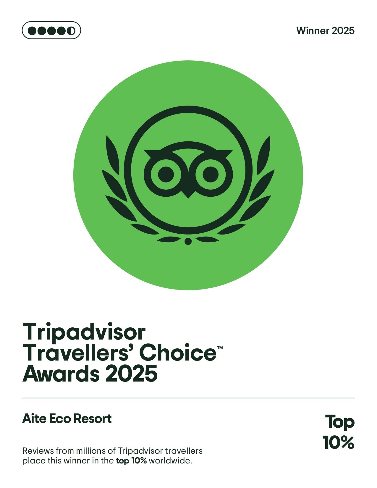 Insignia de los premios Travellers' Choice de Tripadvisor 2025 con el emblema de la corona de laurel del búho verde y el texto 