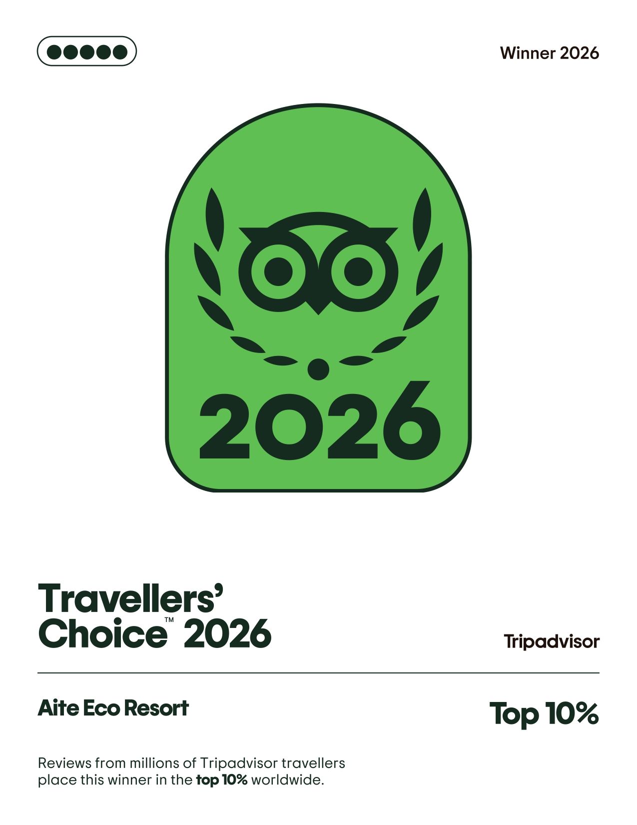 Insignia Travellers' Choice 2026 de Tripadvisor con el logotipo del búho verde y el texto 