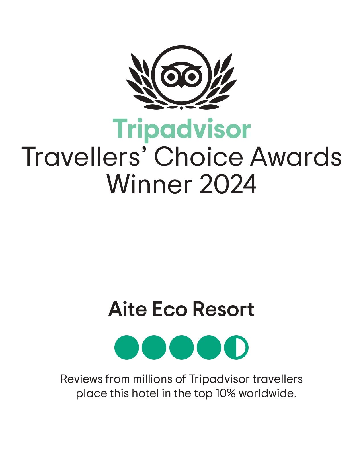 Insignia de ganador de los premios Travellers' Choice de Tripadvisor 2024 para Aite Eco Resort con puntos de calificación verde.