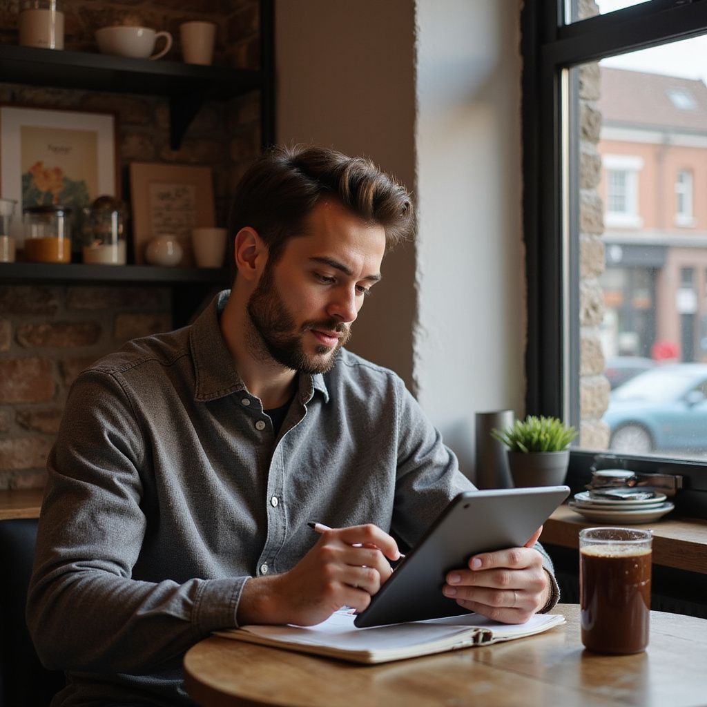 Man sitting at a cafe table, using a tablet and writing in a notebook, with a coffee nearby.