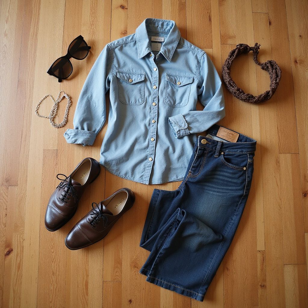 Outfit laid on wooden floor: denim shirt, jeans, brown shoes, sunglasses, necklace, and headband.
