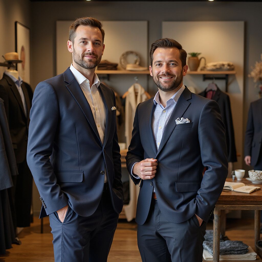 Two men in suits stand in a clothing store, smiling. One hand in pocket, one unbuttoning his jacket.