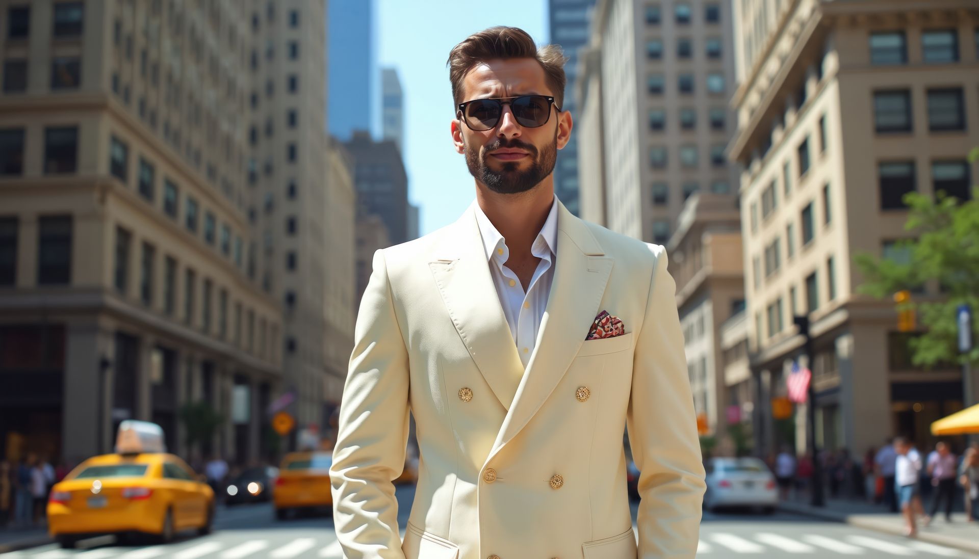 Man in cream suit and sunglasses walks down a New York City street, yellow taxi in the background.