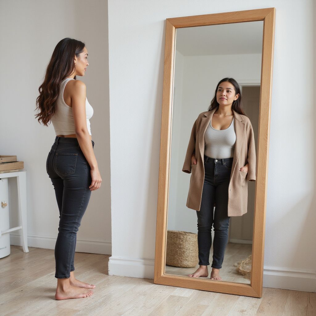 Woman looking at herself in a full-length mirror, wearing jeans, tank top, and a coat; indoors.